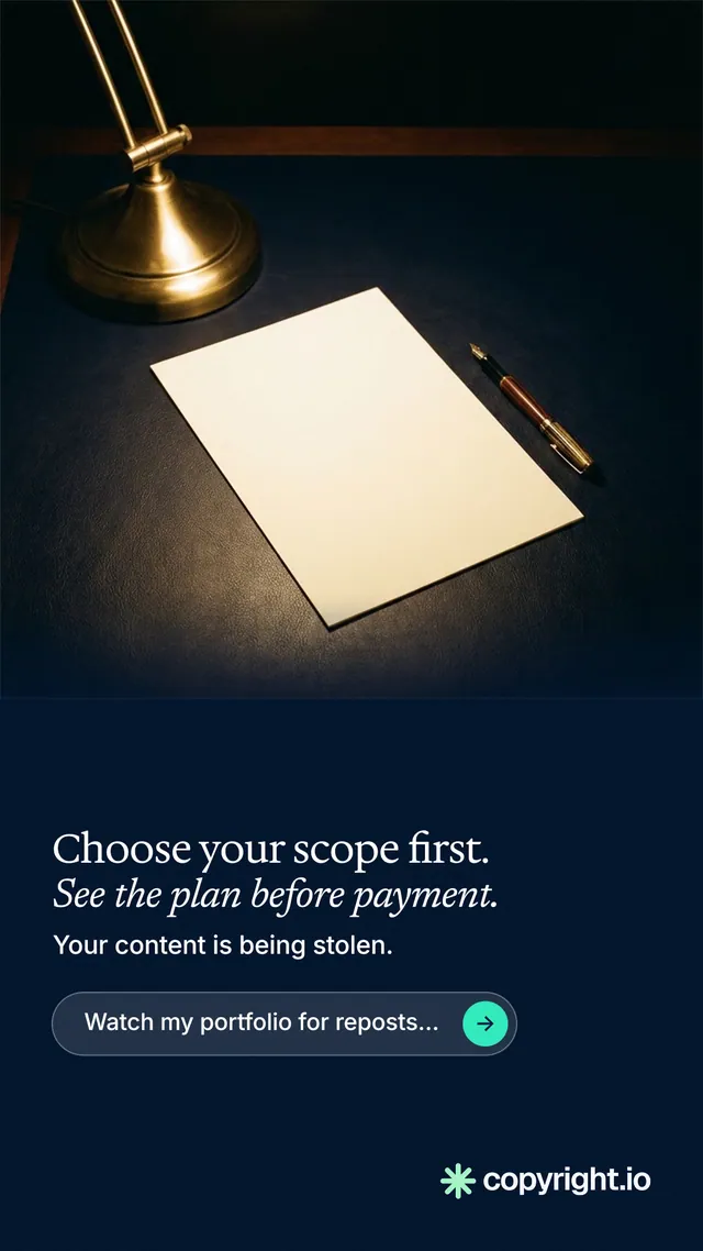 Instagram story for copyright.io: "Choose your scope first. See the plan before payment." Agentic glass style, bottom layout, dark palette in black, blue, grey.