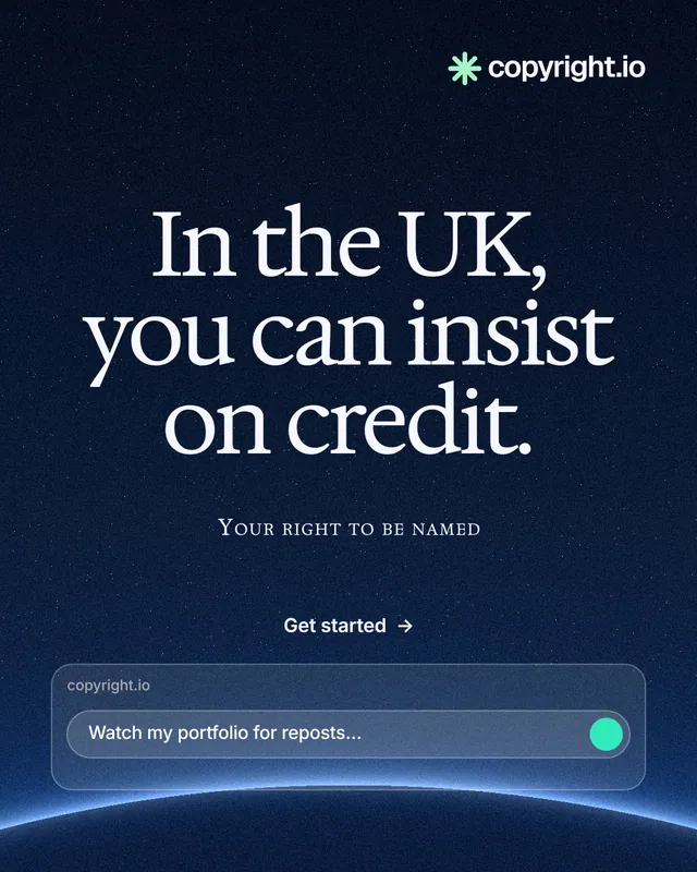 Instagram portrait post for copyright.io: "In the UK, you can insist on credit." Swiss style, smallcaps layout, dark palette in blue, black.