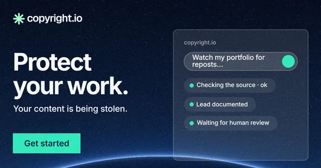 Social ad for copyright.io: "Protect your work." Swiss style, bottom layout, dark palette in black, blue, teal.