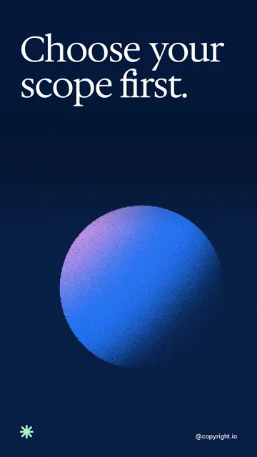 Video for copyright.io: "Choose your scope first.". Shader loop, 6.0 s, dark palette.