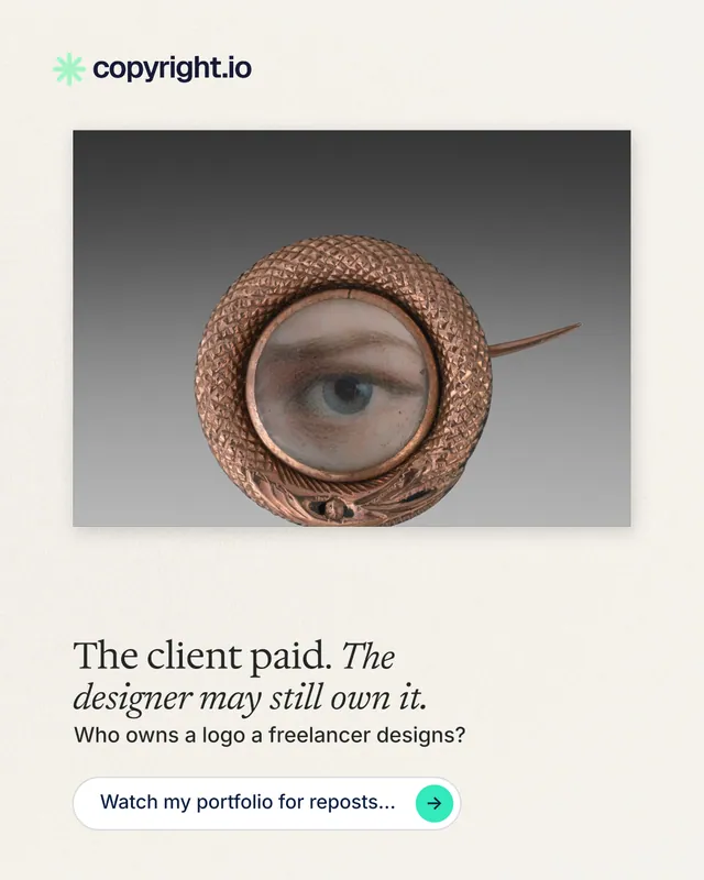 Instagram portrait post for copyright.io: "The client paid. The designer may still own it." Agentic glass style, bottom layout, light palette in grey, white.