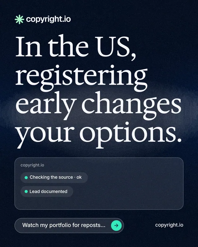 Instagram portrait post for copyright.io: "In the US, registering early changes your options." Thermal style, poster layout, dark palette in blue, black, grey.