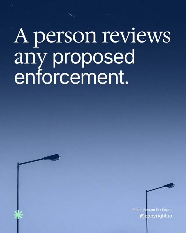Instagram portrait post for copyright.io: "A person reviews any proposed enforcement." Duotone style, technique:pexels ingredient layout, dark palette in blue.