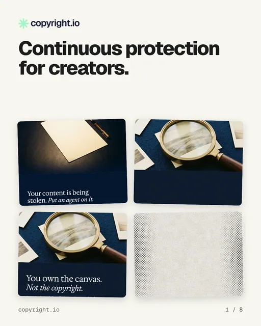 Carousel for copyright.io: "Continuous protection for creators.". Collection carousel, 8 slides, light palette.