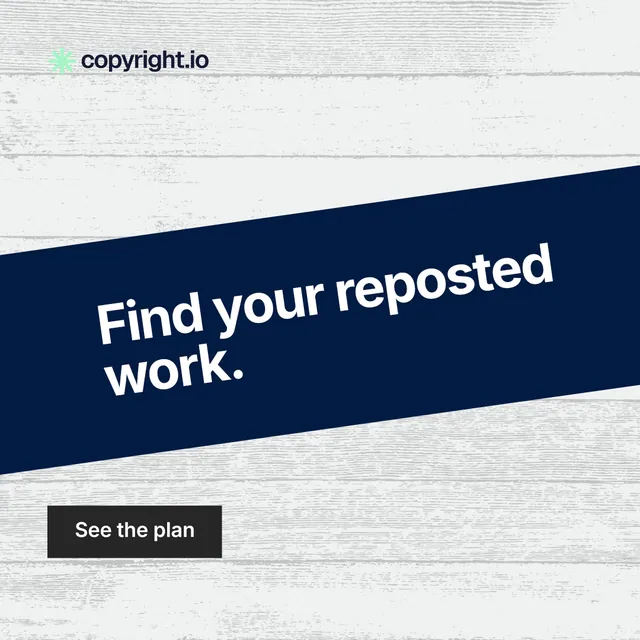 Instagram post for copyright.io: "Find your reposted work." Swiss style, diagonal layout, light palette in white, blue, grey.