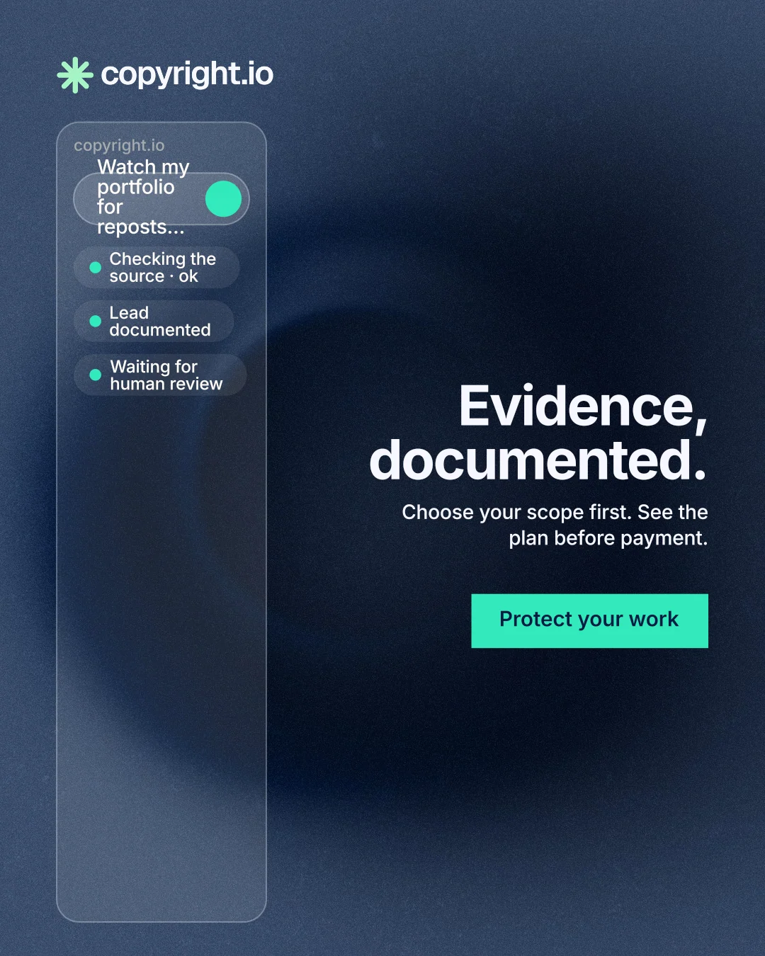 Instagram portrait post for copyright.io: "Evidence, documented." Swiss style, right layout, dark palette in blue, black.