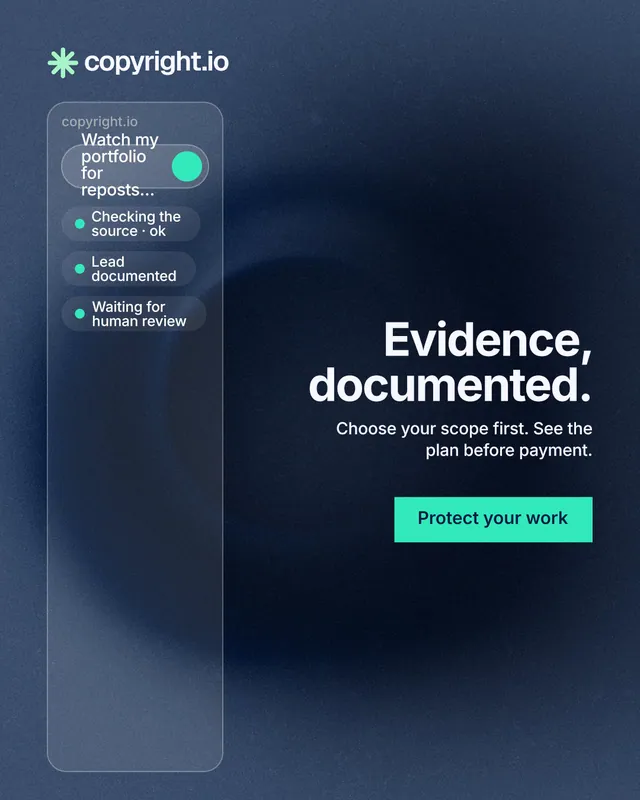 Instagram portrait post for copyright.io: "Evidence, documented." Swiss style, right layout, dark palette in blue, black.