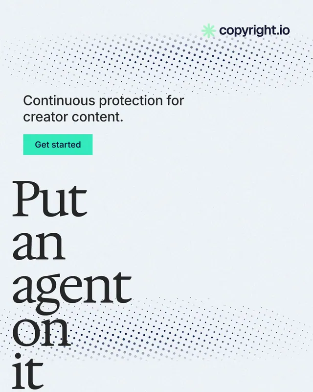 Instagram portrait post for copyright.io: "Put an agent on it." Swiss style, oversized layout, light palette in white, grey, green.