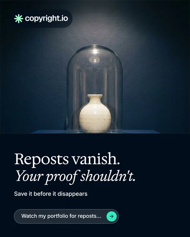 Instagram portrait post for copyright.io: "Reposts vanish. Your proof shouldn't." Agentic glass style, bottom layout, dark palette in blue, black, grey.