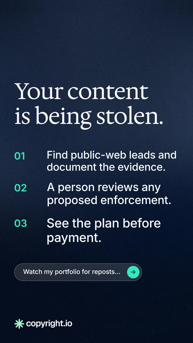Instagram story for copyright.io: "Your content is being stolen." Agentic glass style, numbered layout, dark palette in blue, black, grey.
