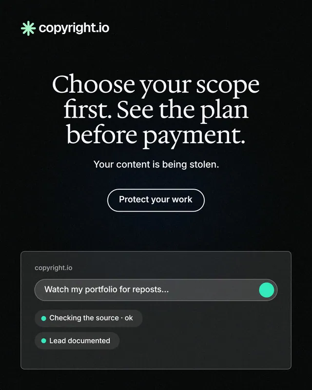 Instagram portrait post for copyright.io: "Choose your scope first. See the plan before payment." Phosphor atlas style, centred layout, dark palette in black.