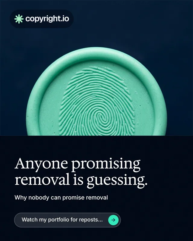 Instagram portrait post for copyright.io: "Anyone promising removal is guessing." Agentic glass style, bottom layout, dark palette in black, teal, blue.