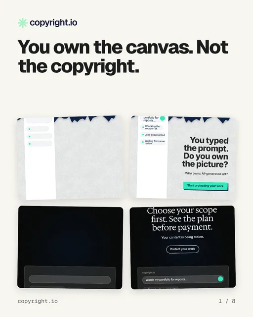 Carousel for copyright.io: "You own the canvas. Not the copyright.". Collection carousel, 8 slides, light palette.