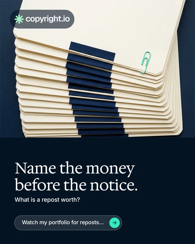 Instagram portrait post for copyright.io: "Name the money before the notice." Agentic glass style, bottom layout, dark palette in yellow, black, blue.
