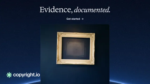 Landscape graphic for copyright.io: "Evidence, documented." Agentic glass style, ogui layout, dark palette in black, blue, grey.