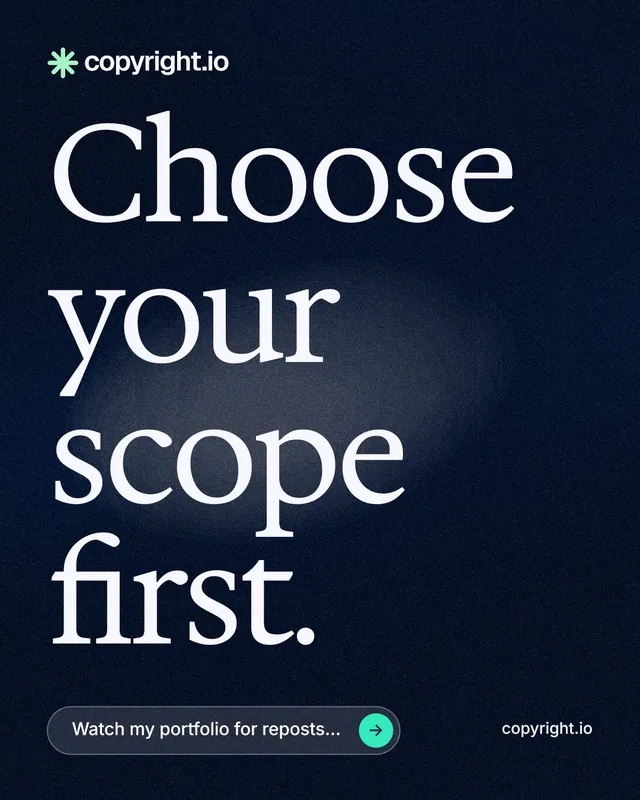 Instagram portrait post for copyright.io: "Choose your scope first." Thermal style, poster layout, dark palette in black, grey.