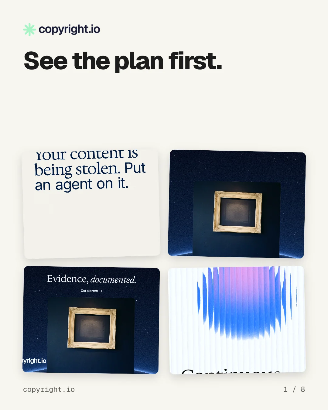 Carousel for copyright.io: "See the plan first.". Collection carousel, 8 slides, light palette.