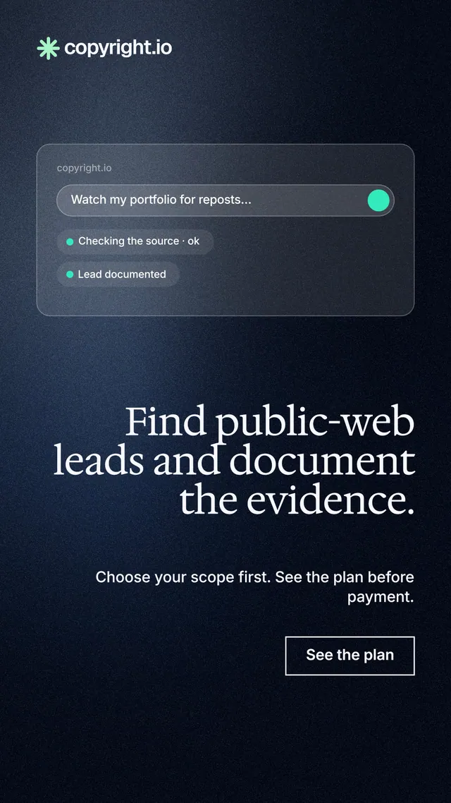 Instagram story for copyright.io: "Find public-web leads and document the evidence." Dark deco style, right layout, dark palette in blue, black, grey.