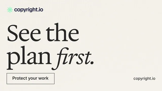 Landscape graphic for copyright.io: "See the plan first." Editorial style, poster layout, light palette in white.