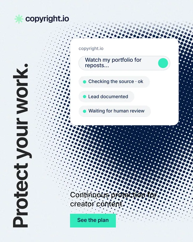 Instagram portrait post for copyright.io: "Protect your work." Swiss style, vertical layout, light palette in white, grey, blue.
