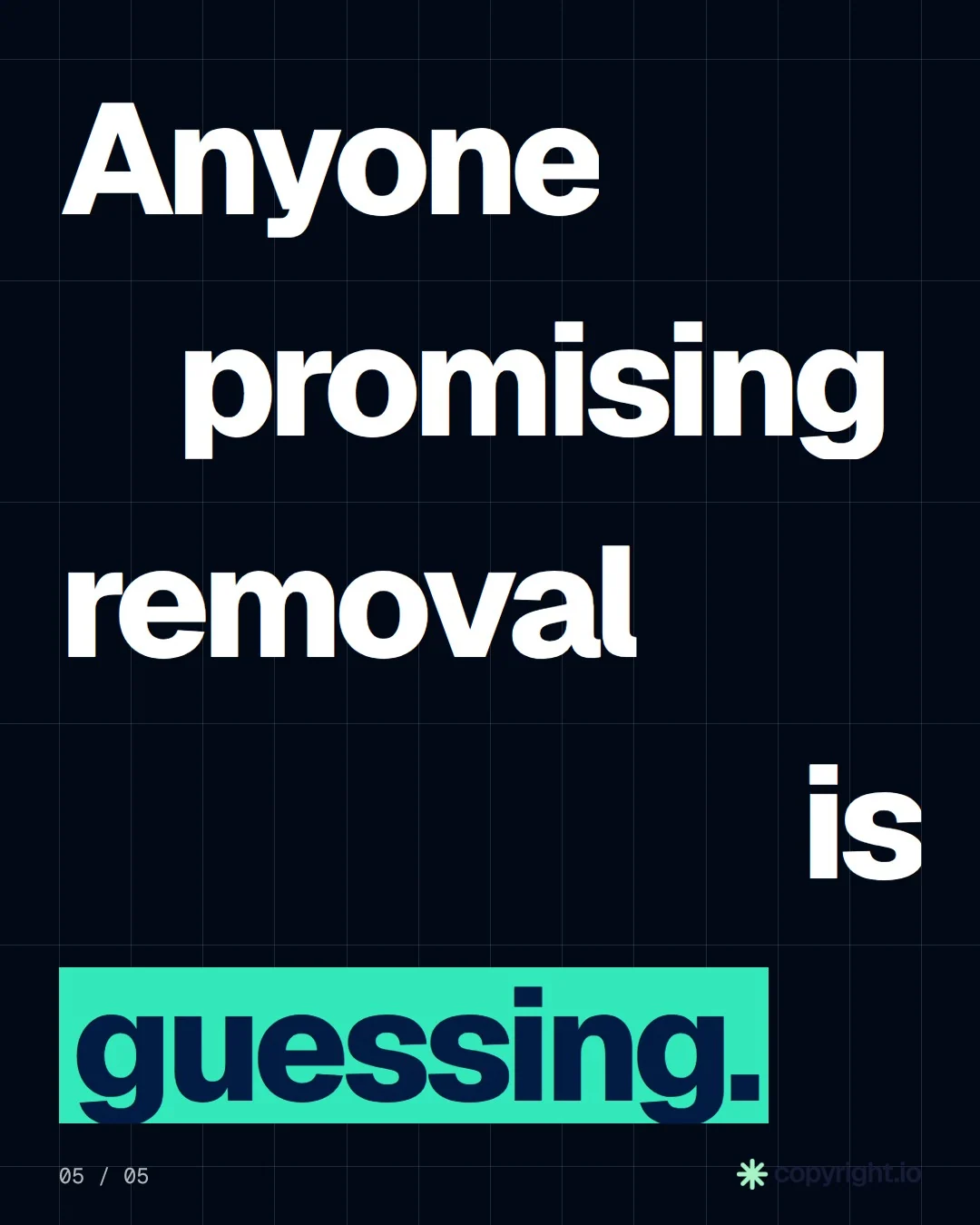 Video for copyright.io: "Anyone promising removal is guessing.". Kinetic type grid, 6.0 s, dark palette.