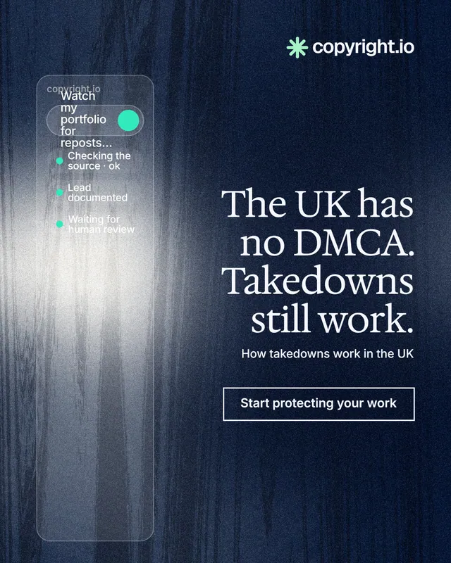 Instagram portrait post for copyright.io: "The UK has no DMCA. Takedowns still work." Cyanotype style, right layout, dark palette in blue, black, grey.