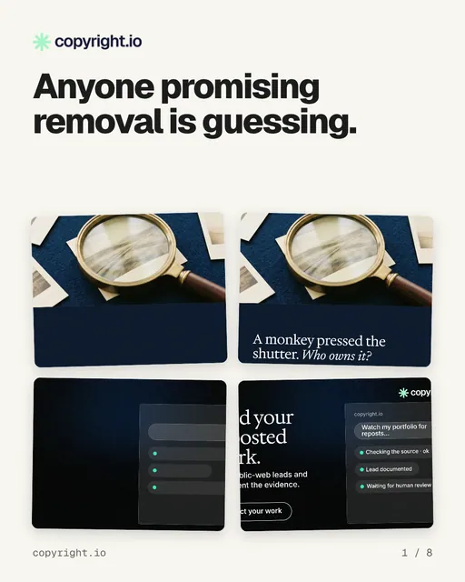 Carousel for copyright.io: "Anyone promising removal is guessing.". Collection carousel, 8 slides, light palette.
