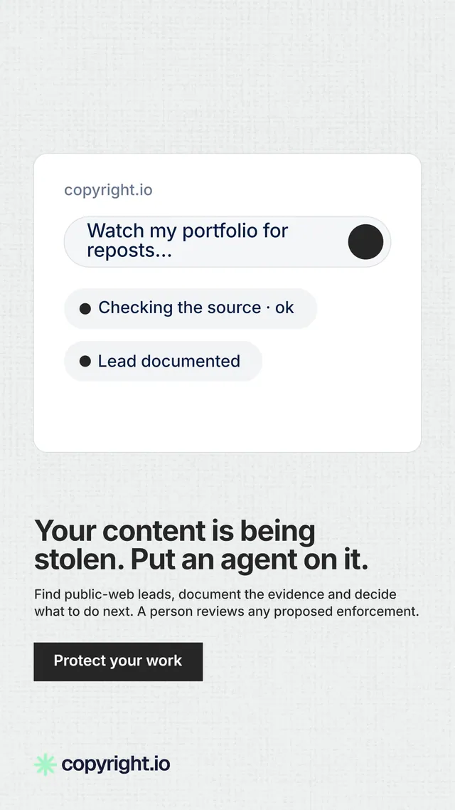 Instagram story for copyright.io: "Your content is being stolen. Put an agent on it." Swiss style, bottom layout, light palette in white, grey.