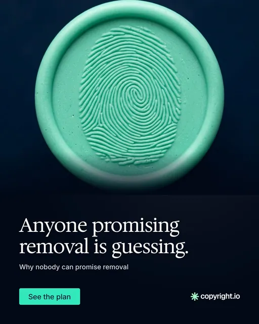 Video for copyright.io: "Anyone promising removal is guessing.". Doc motion loop, 6.0 s, dark palette.