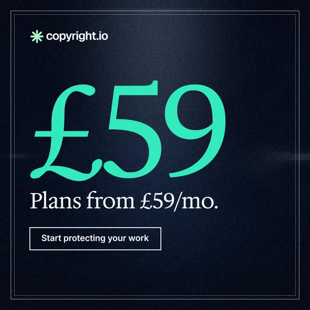 Instagram post for copyright.io: "Put an agent on it." Dark deco style, stat layout, dark palette in black, blue, teal.
