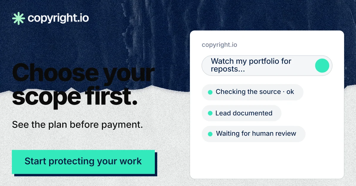Social ad for copyright.io: "Choose your scope first." Paper trio style, bottom layout, light palette in blue, teal, white.