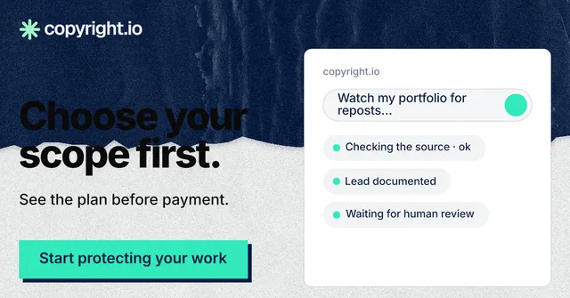 Social ad for copyright.io: "Choose your scope first." Paper trio style, bottom layout, light palette in blue, teal, white.