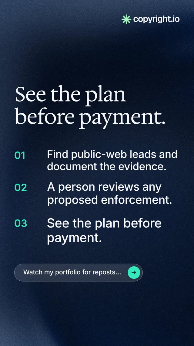 Instagram story for copyright.io: "See the plan before payment." Agentic glass style, numbered layout, dark palette in blue, black.