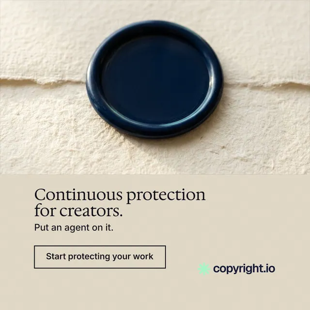 Instagram post for copyright.io: "Continuous protection for creators." Editorial style, bottom layout, light palette in orange, black, yellow.