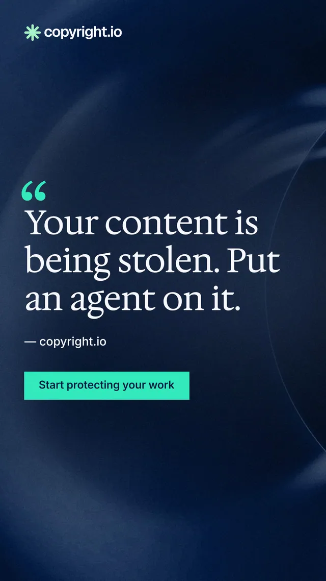 Instagram story for copyright.io: "Your content is being stolen. Put an agent on it." Swiss style, quote layout, dark palette in blue, black.