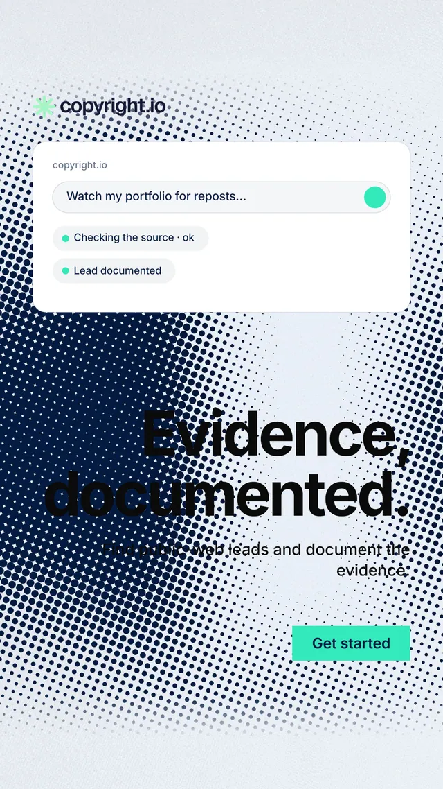 Instagram story for copyright.io: "Evidence, documented." Swiss style, right layout, light palette in blue, white.