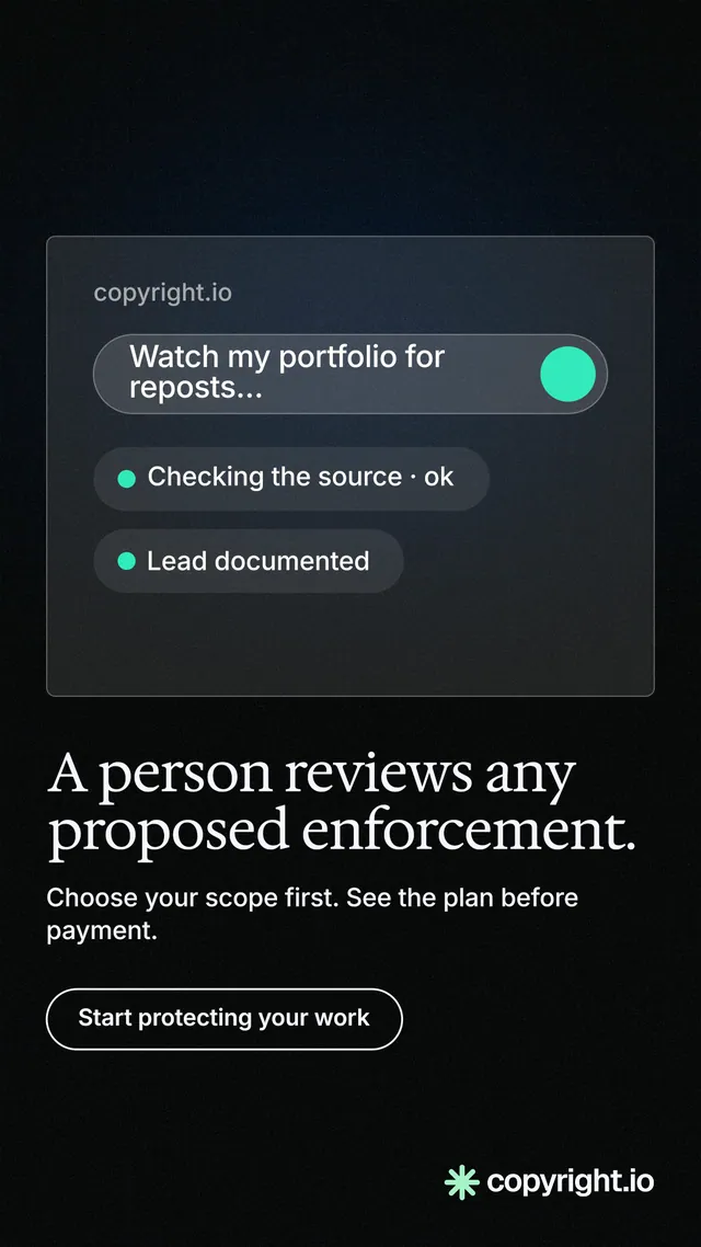 Instagram story for copyright.io: "A person reviews any proposed enforcement." Phosphor atlas style, bottom layout, dark palette in black, grey.