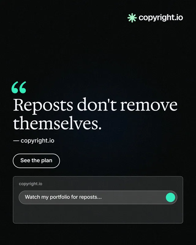 Instagram portrait post for copyright.io: "Reposts don't remove themselves." Phosphor atlas style, quote layout, dark palette in black.