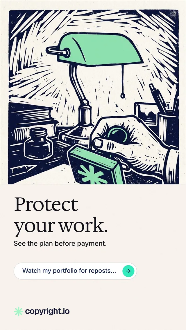 Instagram story for copyright.io: "Protect your work." Agentic glass style, bottom layout, light palette in white, grey.