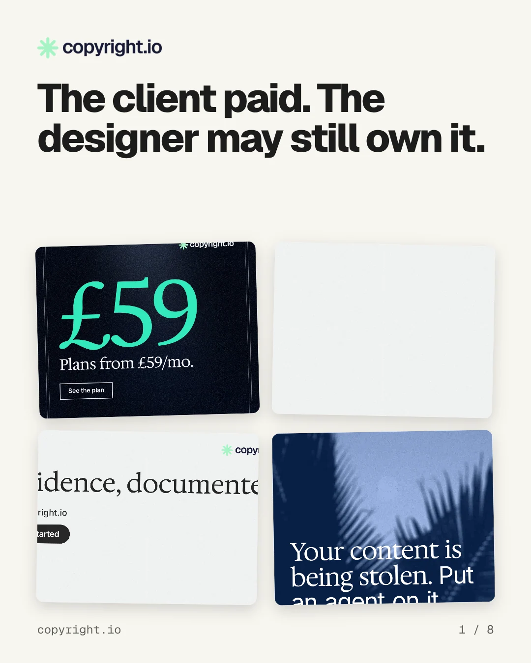 Carousel for copyright.io: "The client paid. The designer may still own it.". Collection carousel, 8 slides, light palette.