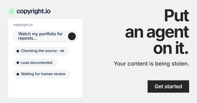 Social ad for copyright.io: "Put an agent on it." Swiss style, right layout, light palette in white, grey.