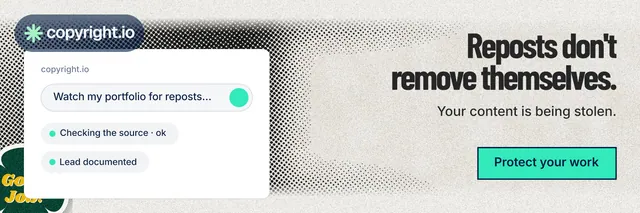 X header for copyright.io: "Reposts don't remove themselves." Ink sticker style, right layout, light palette in white, green, grey.