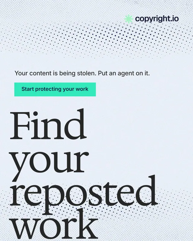 Instagram portrait post for copyright.io: "Find your reposted work." Swiss style, oversized layout, light palette in white, blue, grey.