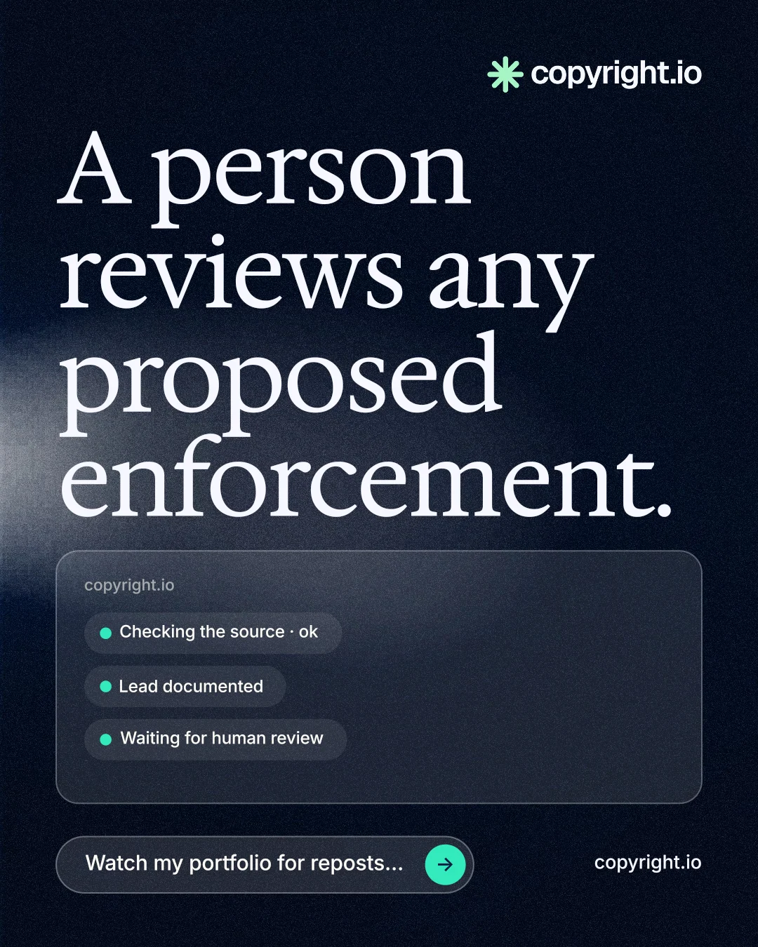 Instagram portrait post for copyright.io: "A person reviews any proposed enforcement." Thermal style, poster layout, dark palette in blue, black, grey.
