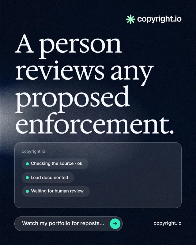 Instagram portrait post for copyright.io: "A person reviews any proposed enforcement." Thermal style, poster layout, dark palette in blue, black, grey.
