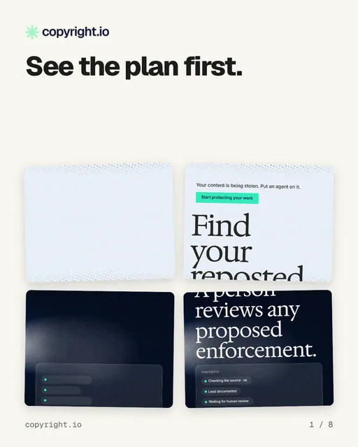 Carousel for copyright.io: "See the plan first.". Collection carousel, 8 slides, light palette.
