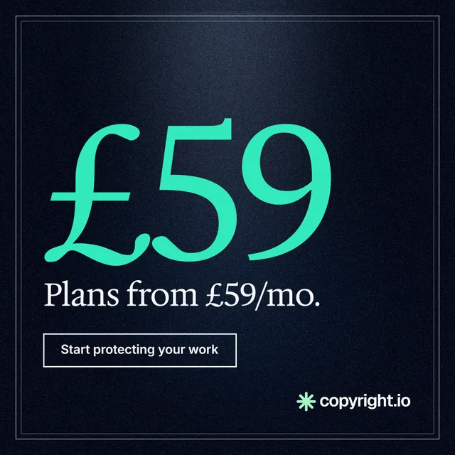 Instagram post for copyright.io: "Your content is being stolen. Put an agent on it." Dark deco style, stat layout, dark palette in black, teal.