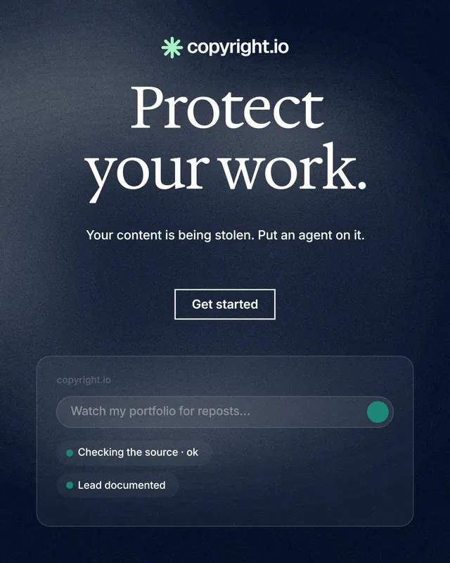 Instagram portrait post for copyright.io: "Protect your work." Cyanotype style, centred layout, dark palette in blue, black, grey.