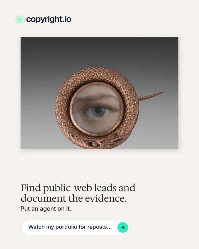 Instagram portrait post for copyright.io: "Find public-web leads and document the evidence." Agentic glass style, bottom layout, light palette in white, grey.