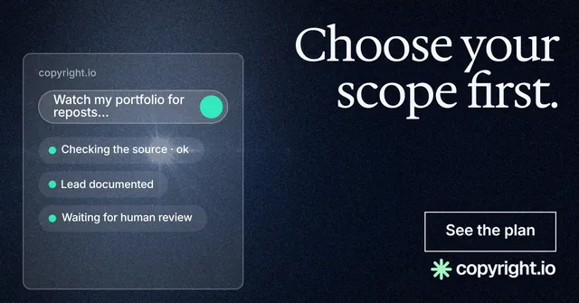 Social ad for copyright.io: "Choose your scope first." Dark deco style, right layout, dark palette in blue, black, grey.